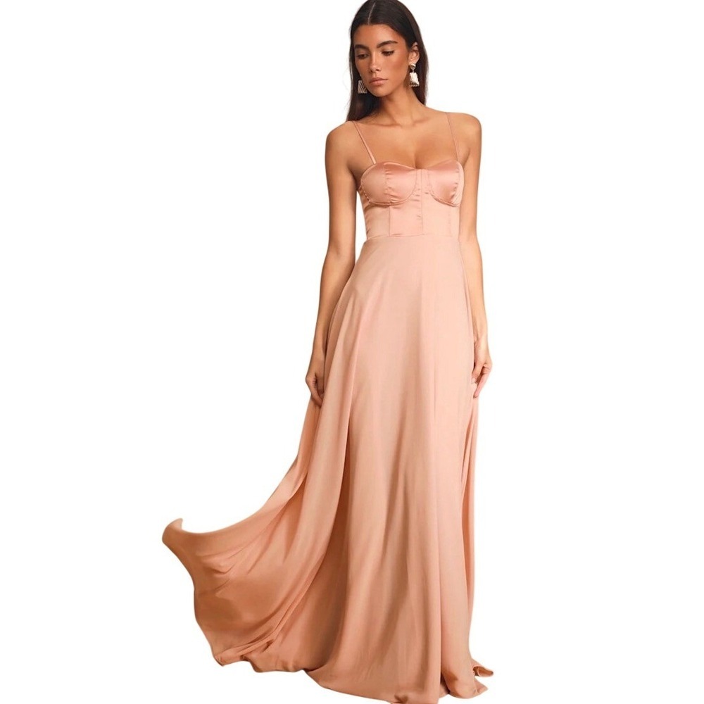 Lulus Best Part of Me Satin Bustier Maxi Dress Peach Formal Evening Gown XL‎ New